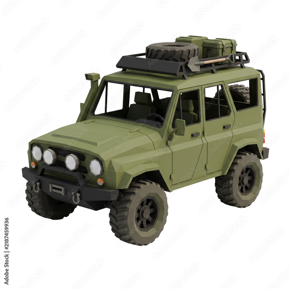 Obraz premium Low Poly 3D Off-Road SUV with Roof Rack and Expedition Gear