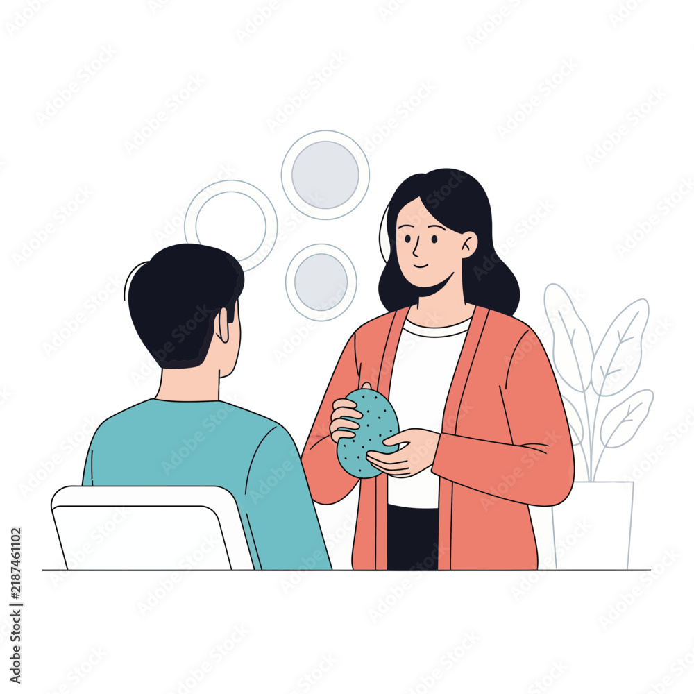 Fototapeta premium Therapy session: Psychologist explains a concept using an object to a patient, vector illustration with simple lines and flat colors.