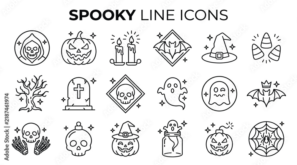 Fototapeta premium Spooky Halloween line icon collection, monochrome skull pumpkin ghost bat and witch hat symbols for festive seasonal graphic design projects