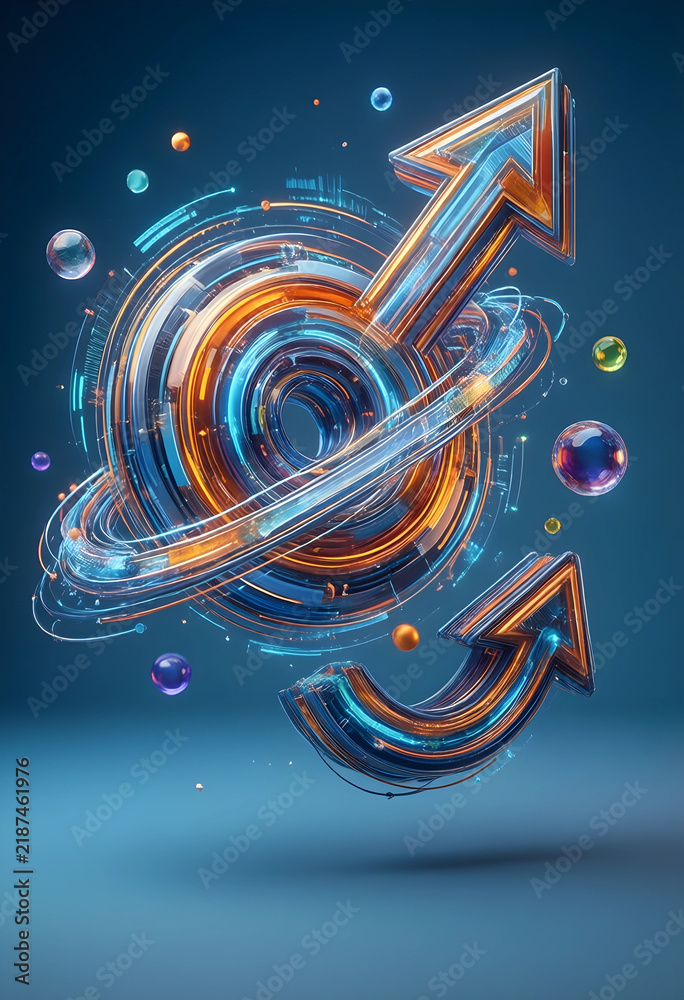 Fototapeta premium Growth and financial success, abstract business development and market expansion with glowing digital arrows and orbiting spheres on blue background