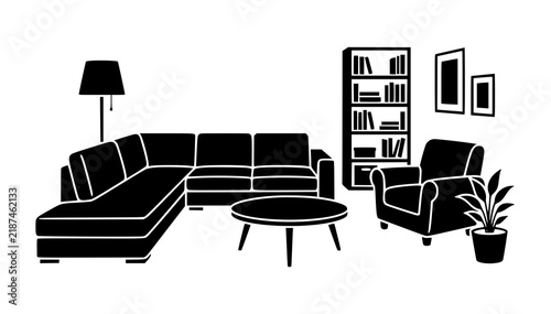 Living Room Interior Vector Icon with Sofa Lamp and Plant