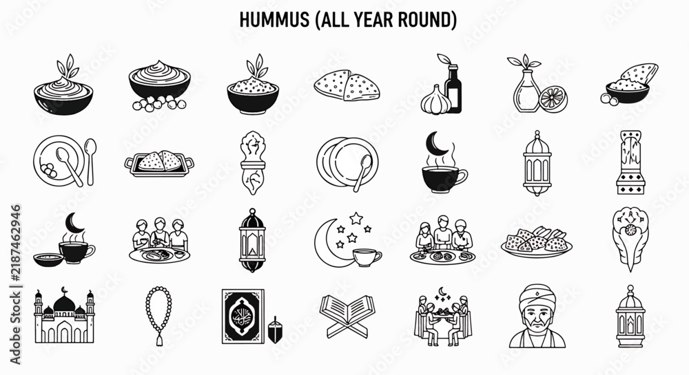 Obraz premium Hummus and Middle Eastern Food Icons Vector Set for Ramadan and Islamic Culture Celebrations
