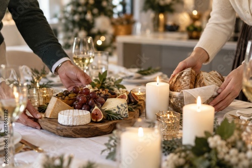Celebración de Navidad con comidas y velas en una mesa