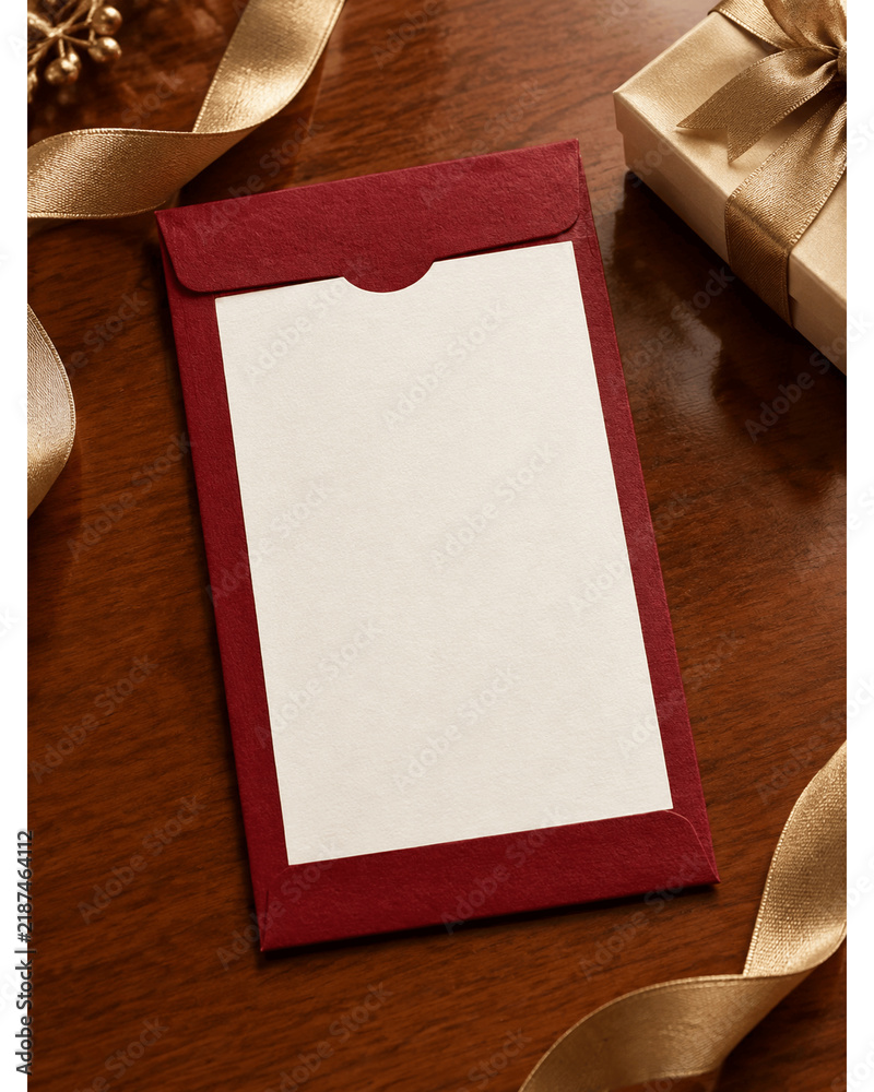 Fototapeta premium Blank envelope sleeve mockup with gold ribbon on lacquered wood