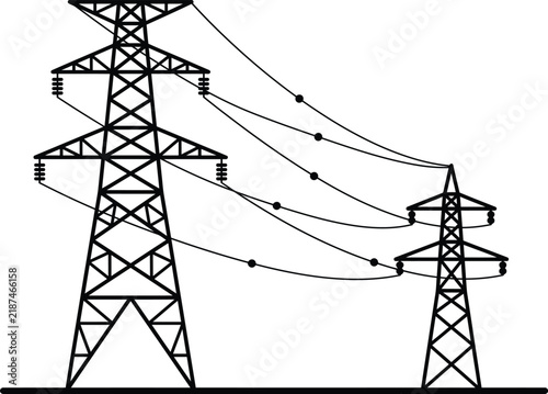 Black and white illustration of high voltage electrical transmission towers
