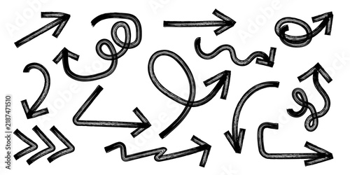 A set of hand‑drawn black arrows of various shapes and directions on a white background