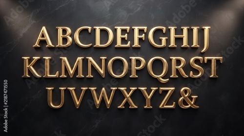 Luxury 3D gold alphabet A-Z with ampersand. Metallic serif letters with soft shadows on a dark marble background, lit by spotlight.