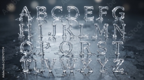 3D render of water alphabet A-Z. Transparent liquid letters with splashes and reflections on a dark wet surface, soft bokeh lights in the background.