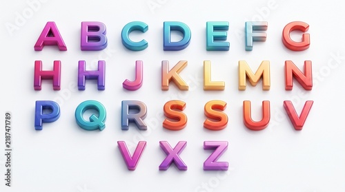 3D render of colorful alphabet letters. Glossy gradient letters in pink, purple, blue, orange and yellow arranged in rows on a white background.
