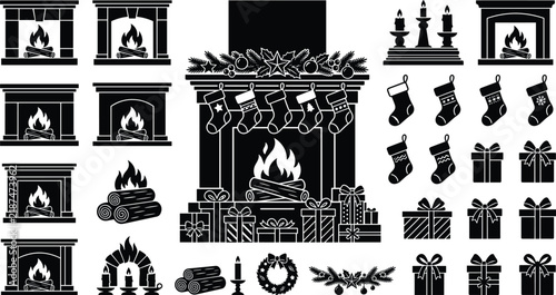 Set of Christmas fireplace icons featuring decorated mantels, stockings, gift boxes, firewood, and candles in black silhouette style.