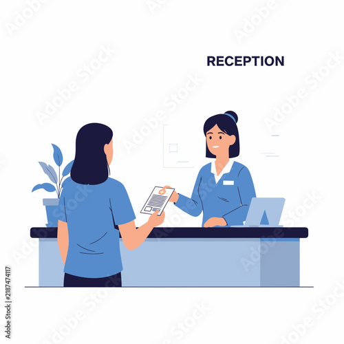 Receptionist handing document to visitor at counter, professional and welcoming service illustration