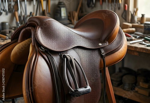 Craftsmanship and equestrian tradition, handmade leather horse saddle in a traditional workshop with artisan tools for custom saddlery and repair