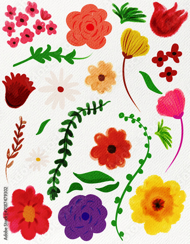 Hand drawn floral and botanical illustration collection featuring colorful flowers, leaves, stems, and decorative plant elements in a playful natural style. Ideal for stationery, greeting cards