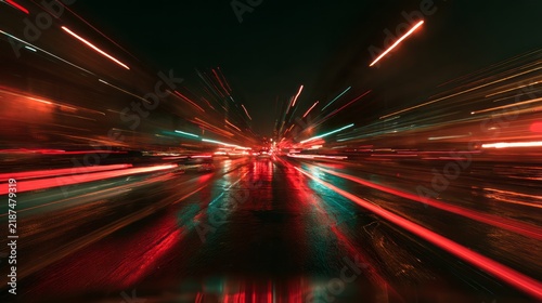 Abstract streaking lights creating dynamic motion blur on a dark roadway, long exposure background with glowing energy trails, futuristic speed, movement, night travel, and dramatic atmospheric lighti