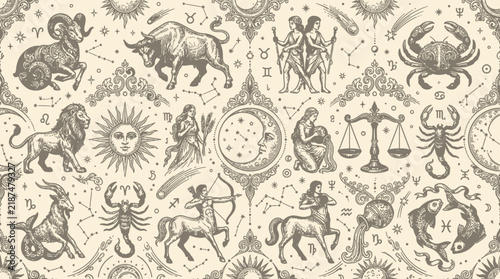 Vintage astrology zodiac pattern, realistic vector zodiac creatures and symbols, antique celestial ornaments, sun, moon, stars and constellation details, elegant vintage engraving-inspired vector styl
