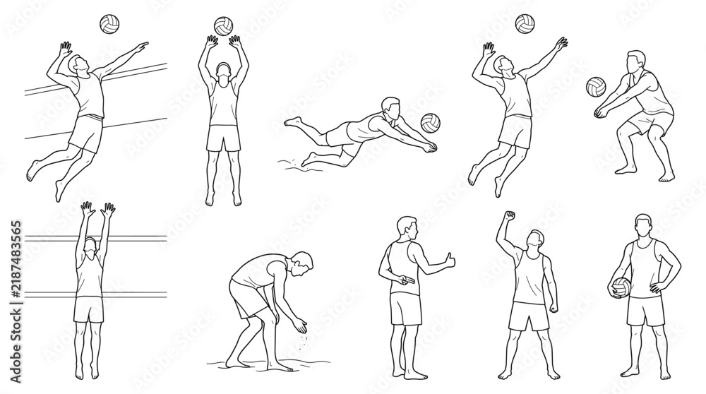 Fototapeta premium Volleyball player jumping to hit ball line art set vector designs