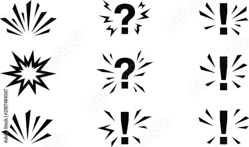 Collection of black silhouette explosion and question mark icons on a white background