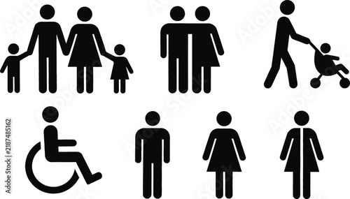 Family and Restroom Pictogram Glyph Icon Set with Accessibility, Couple, Parent with Stroller, Man, and Woman Symbols for Signage and Public Maps