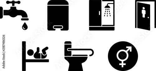 Public Restroom Bathroom Facility Glyph Icon Set with Water Tap, Shower, Changing Station, Accessible Toilet, and Gender Neutral Symbols for Navigation Signage