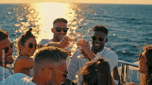 Happy diverse friends toasting champagne on yacht at sunset, luxury summer vacation celebration background