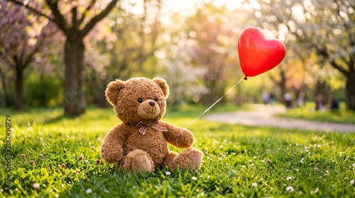 Teddy Bear with Red Heart Balloon in Sunny Park