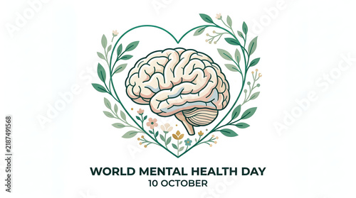 World mental health day heart shaped frame enclosing human brain with flowers heart shape mental wellness