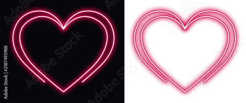 Glowing red neon heart outlines presented against both dark and bright backgrounds, creating a striking visual contrast isolated on transparent background