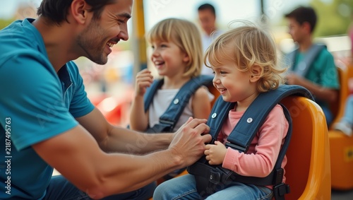 Amusement Park Safety Check. Worker Fastening Child Safety Belt. Professional Ride Attendant. Child Safety at Carnival. Safe Amusement Park Experience. Helpful Ride Operator