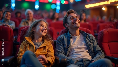 Happy Family at Circus Show. Smiling Parents and Child. Family Circus Audience. Colorful Entertainment Lights. Emotional Circus Moment. Family Enjoying Live Performance