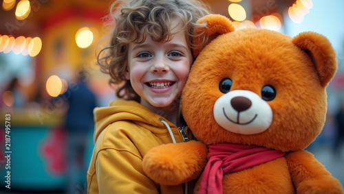 Excited Child Holding Toy Prize. Happy Carnival Game Winner. Stuffed Animal Prize at Fairground. Joyful Amusement Park Moment. Smiling Child with Prize. Colorful Fairground Celebration