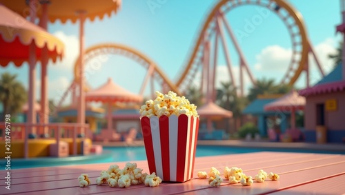 Popcorn Container at Amusement Park. Carnival Popcorn Close Up. Popcorn with Roller Coaster. Fun Fairground Snack. Colorful Amusement Park Food. Summer Carnival Treat