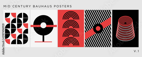 Set of 5 abstract geometric posters in midcentury modern style with bold shapes - bauhaus style.