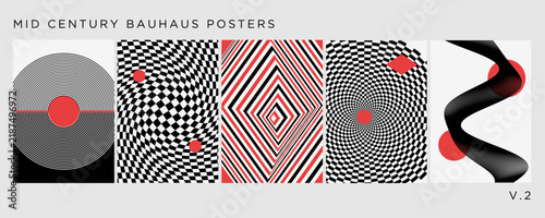 Set of 5 abstract geometric posters in midcentury modern style with bold shapes - bauhaus style.