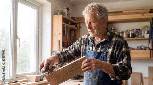 Older man with short gray hair sanding wooden board with both hands in bright home workshop soft daylight