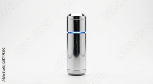 Silver metallic canister with blue glowing LED ring.