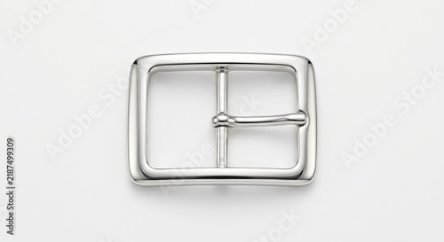 Silver metal rectangular belt buckle on white