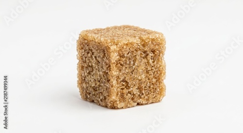 Single brown cane sugar cube on white background.
