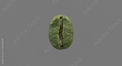 Single raw green coffee bean on gray background.