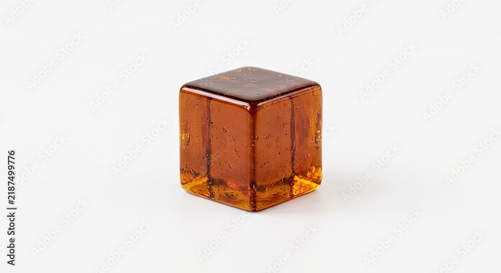 Obraz premium Translucent amber resin cube on white background.
