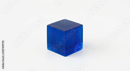 Translucent blue glass cube isolated on white background.