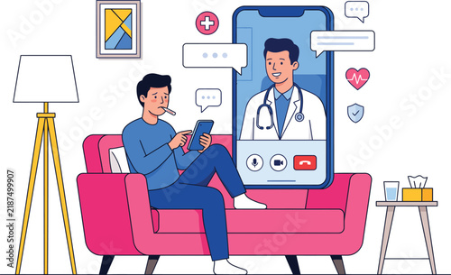 Patient having a remote medical consultation with a doctor using a mobile