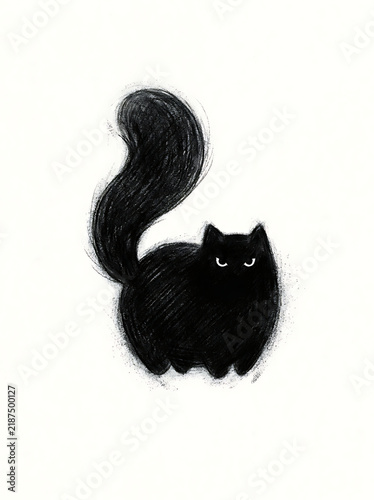 Cute fluffy black cat sketch, hand drawn kitten illustration on white background