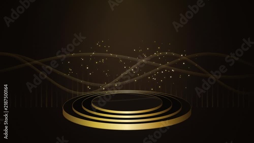 Luxury Gold Circular Podium Stage on Dark Background with Animated Floating Particles and Wave Lines