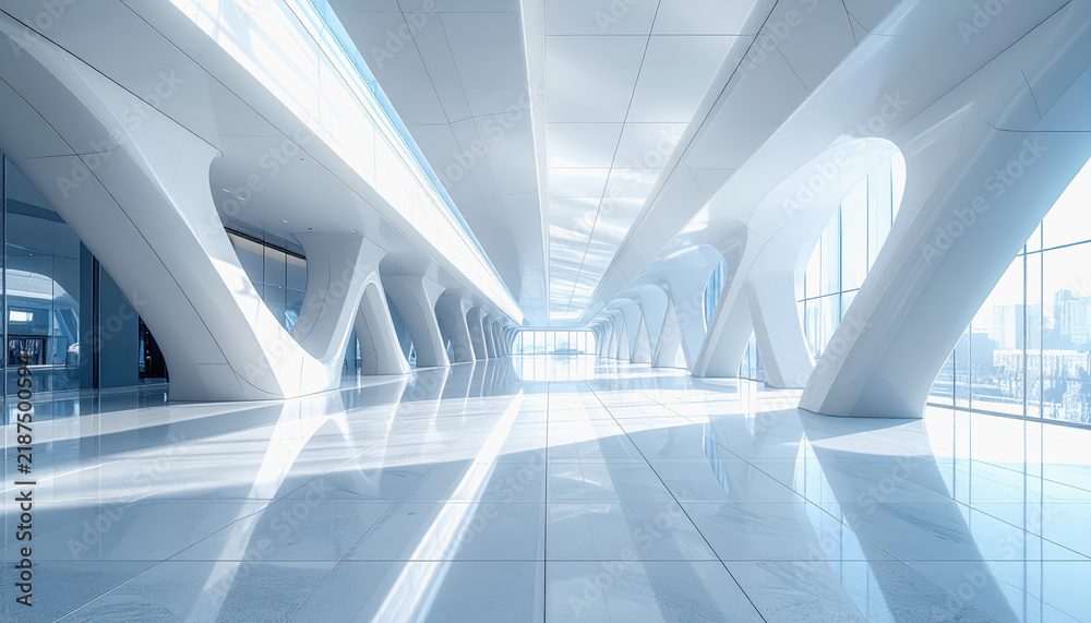 Obraz premium Modern futuristic architectural interior with white flowing curves and geometric pillars reflecting light on the polished floor
