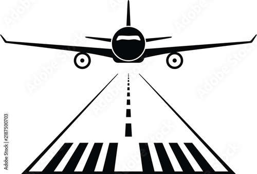 Airplane approaching runway illustration in black and white graphic style