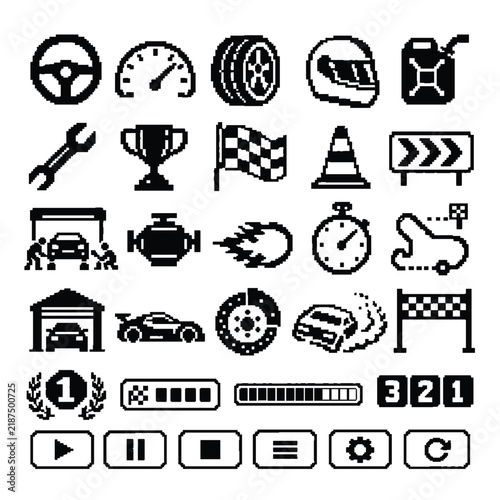 Monochrome Pixel Art Racing Game Icons and HUD Elements Set
