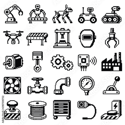 Monochrome Pixel Art Robot Factory and Industrial Automation Game Icons