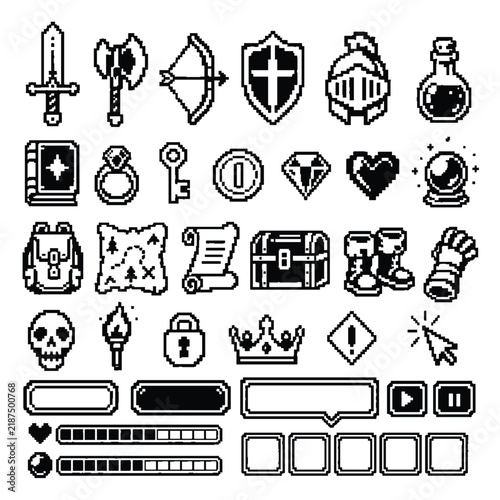 Monochrome Pixel Art RPG Icons and UI Elements Collection