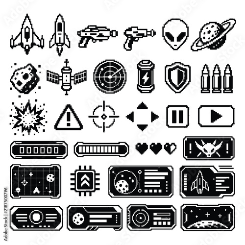 Monochrome Pixel Art Sci Fi Space Shooter Icons and HUD Collection