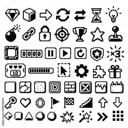 Monochrome Pixel Art Arcade Puzzle Icons and UI Elements Collection